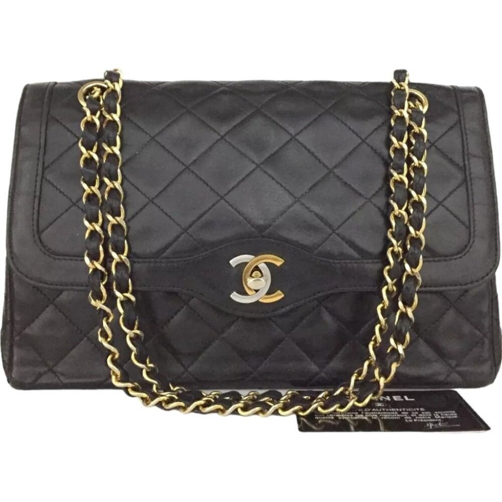 0571790AG Chanel Shoulder Bag Paris Limited Double Flap Black Lambskin